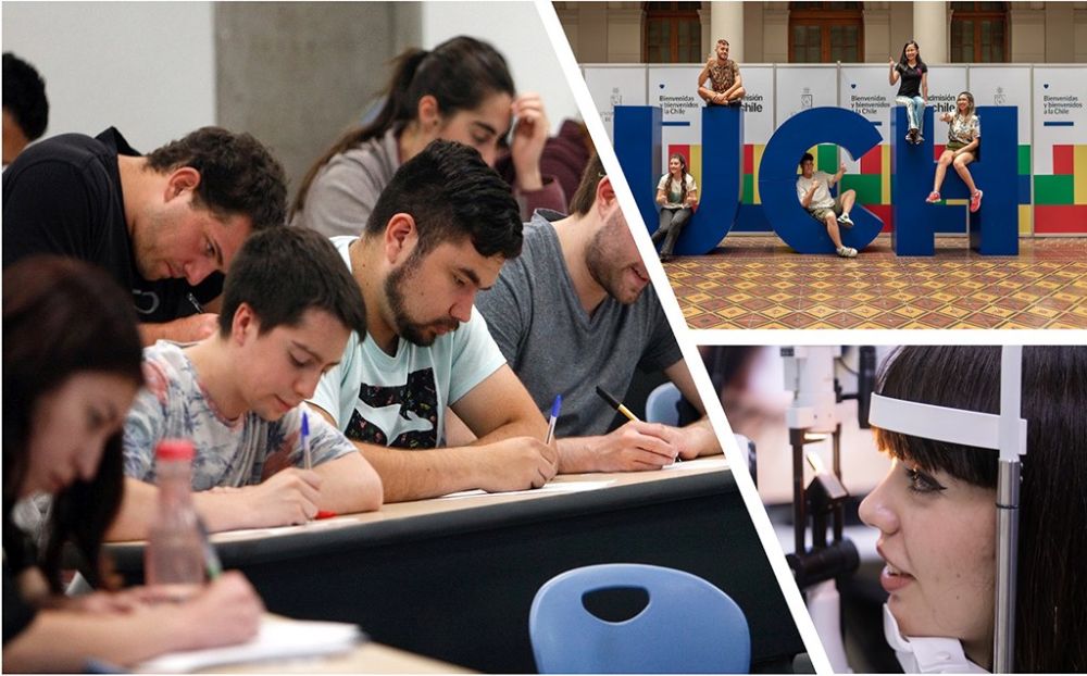 En la imagen se puede ver tres fotos diferentes, una de un paciente haciendo un examen oftalmológico, otra de unos estudiantes en sus aulas y una donde aparecen las siglas de la universidad que están en Casa Central. 